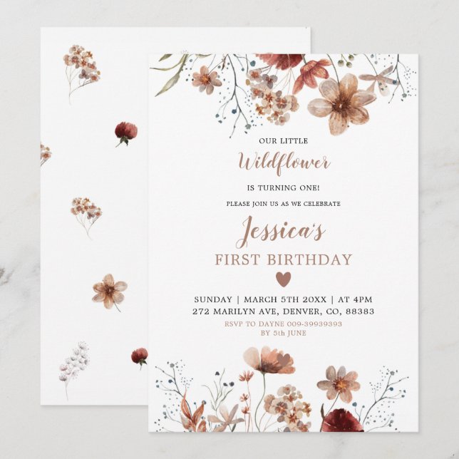Invitación Flor silvestre de Boho otoño cumple un cumpleaños (Anverso / Reverso)