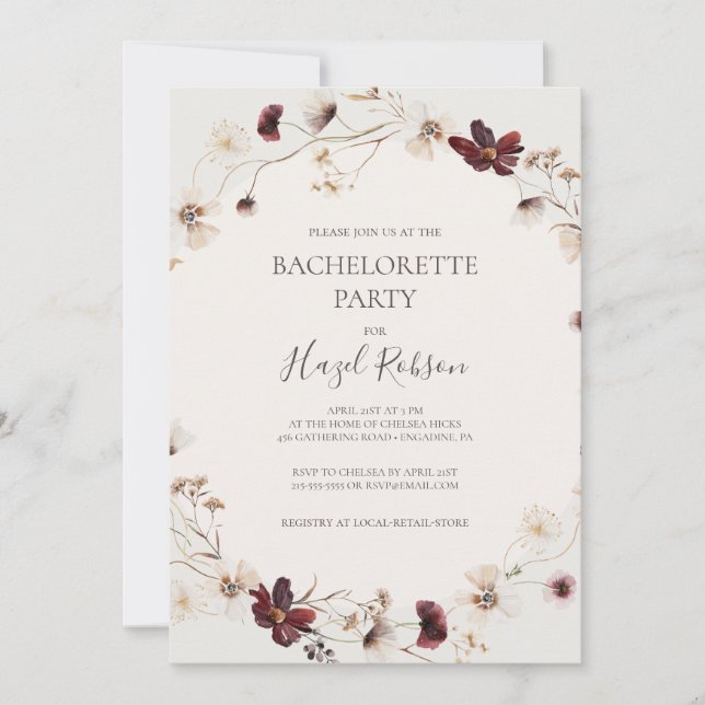 Invitación Flor silvestre de Borgoña | Fiesta de Bachelorette (Anverso)