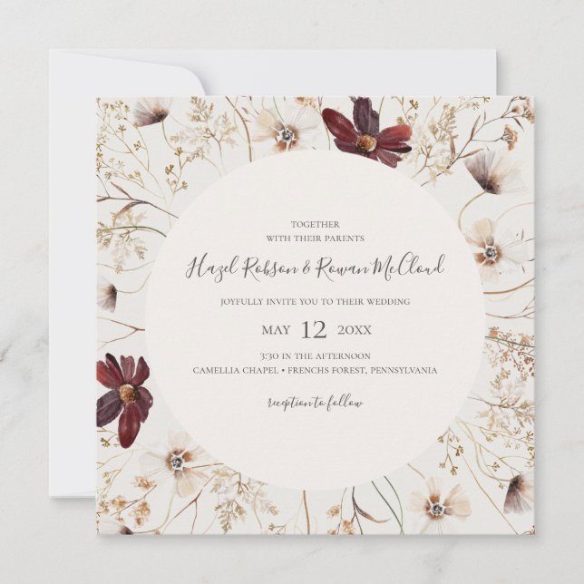 Invitación Flor silvestre de cobre de Borgoña | Boda de la pl (Anverso)