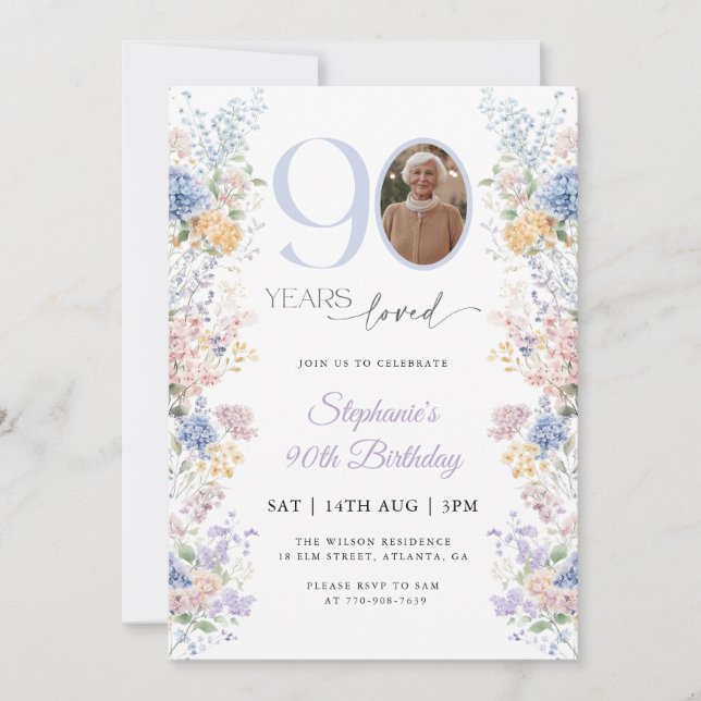 Invitación Flor silvestre de primavera foto 90 cumpleaños (Anverso)