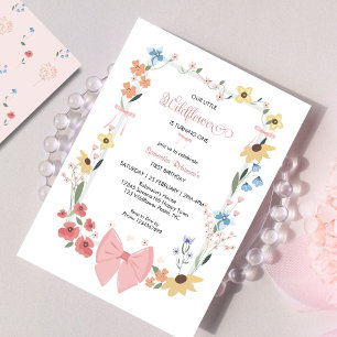 Invitación Flor silvestre de vaca rosa primer cumpleaños