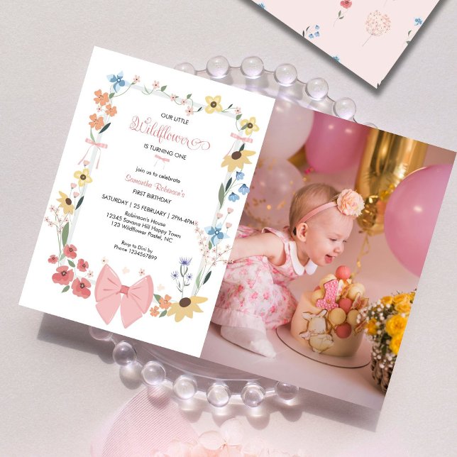 Invitación Flor silvestre de vaca rosa primera foto de cumple (Subido por el creador)