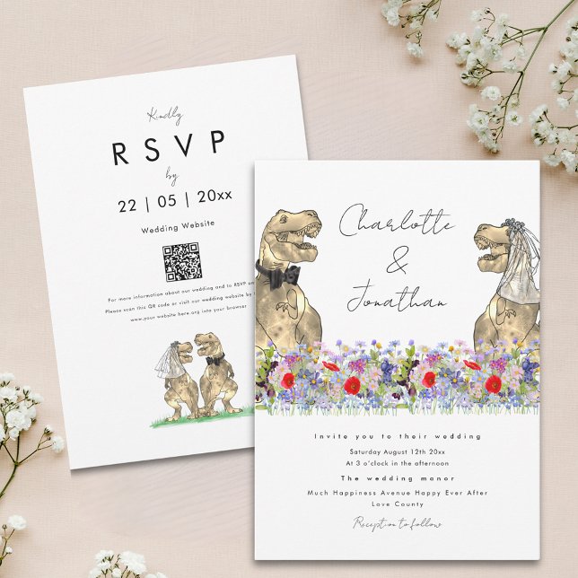 Invitación Flor silvestre del tema de los dinosaurios (Boho wildflower dinosaur wedding invitation with whimsical script and qr code)