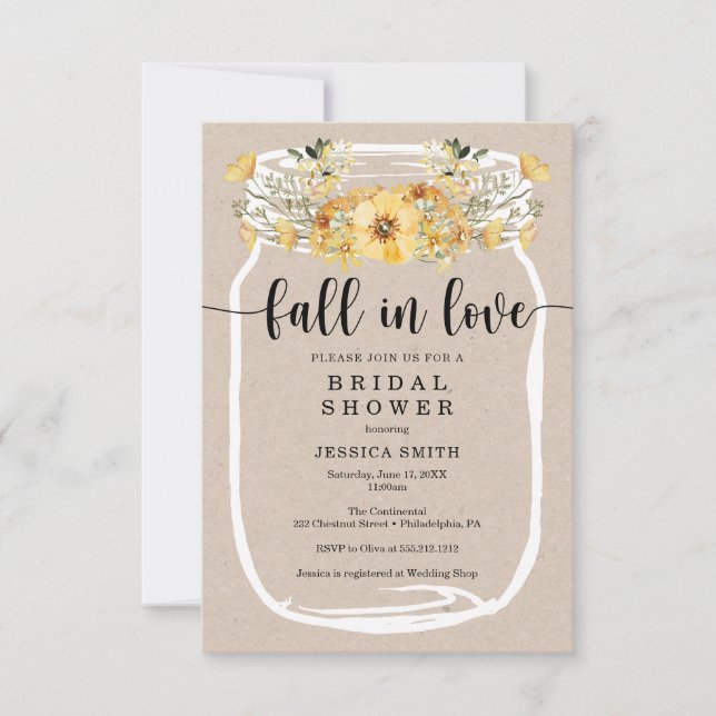Invitación Flor silvestre ducha de novia Mason Jar Amarillo (Anverso)