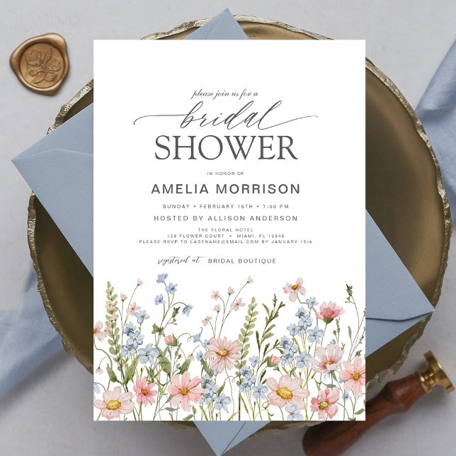 Invitación Flor silvestre Dusty Blue Pink Garden Bridal Showe (Subido por el creador)