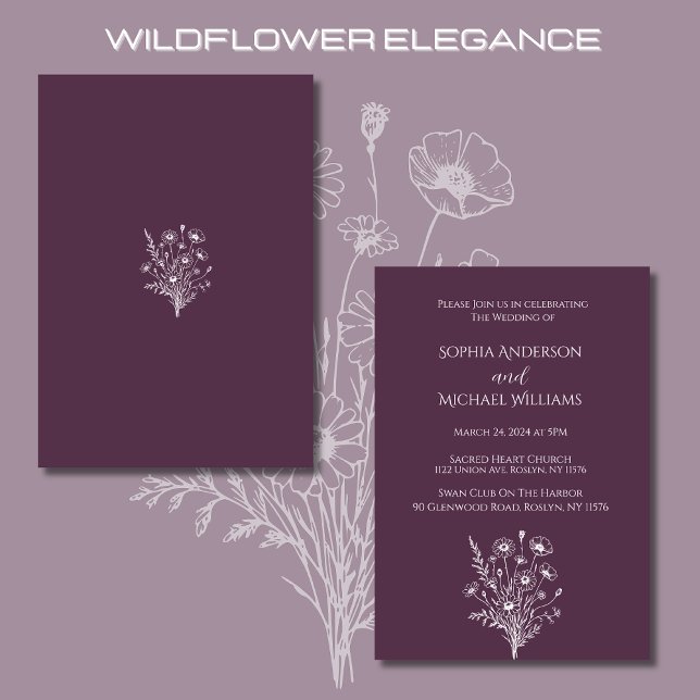Invitación Flor silvestre elegancia Boda Tema púrpura (Wildflower Elegance Wedding Invitations Purple-Rustic, Country, Bohemian)