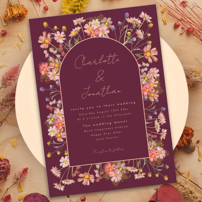 Invitación Flor silvestre elegante Arco Borgoña Boda de otoño (Boho chic wildflower arch burgundy terracotta fall wedding invitation )