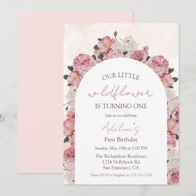 Invitación Flor silvestre Elegante Floral Baby Girl Primer cu (Anverso / Reverso)