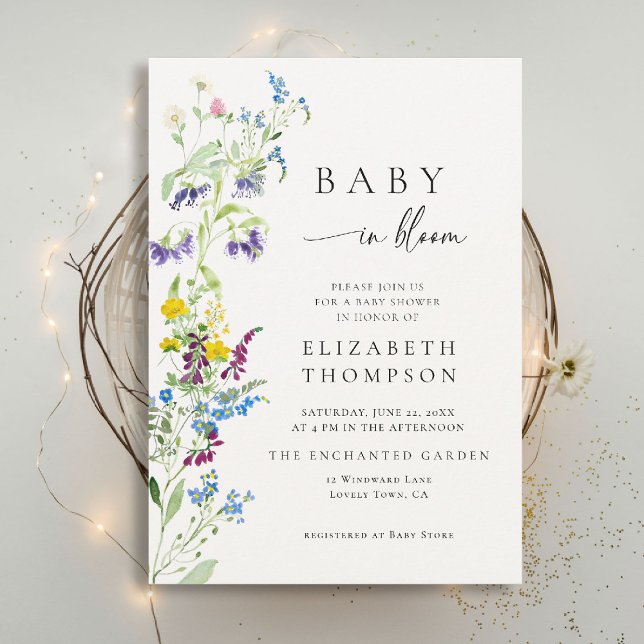 Invitación Flor silvestre en Bloom Elegant Watercolor Baby Sh (wildflowers baby shower invitation in bloom elegant garden party romantic watercolor calligraphy)