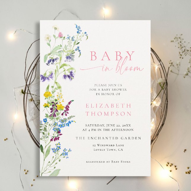 Invitación Flor silvestre en Bloom Garden Fiesta Chica Baby S (wildflowers baby shower invitation in bloom elegant pink garden party romantic watercolor calligraph)