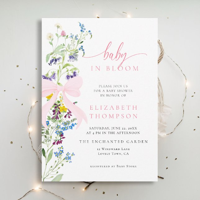 Invitación Flor silvestre en el Chica de Bloom Pink Bow Baby  (wildflowers baby shower invitation in bloom elegant pink bow garden party watercolor modern)