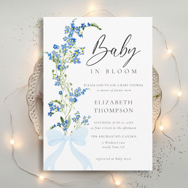 Invitación Flor silvestre Flor suave Bow azul elegancia Baby  (wildflowers baby shower invitation blue bow elegant garden party romantic watercolor rustic boho)