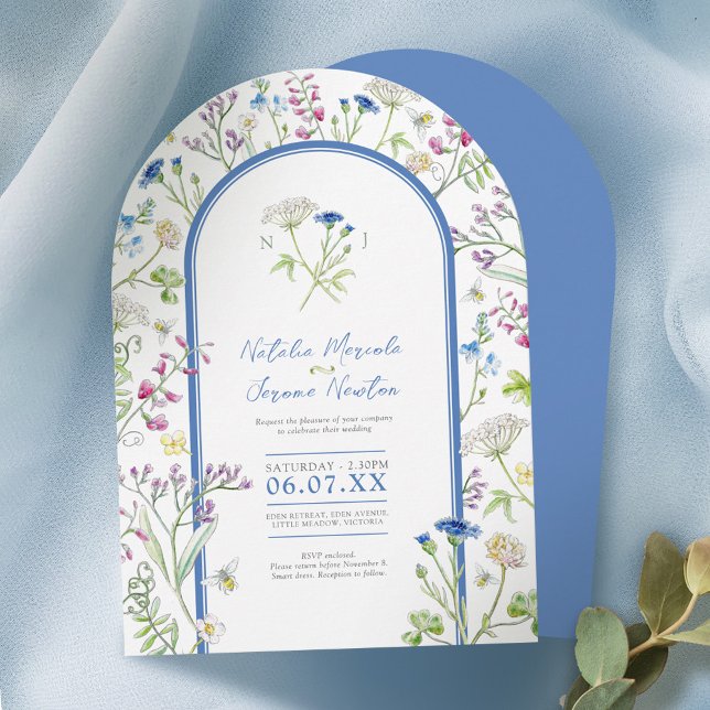 Invitación Flor silvestre floral acuarela arte azul arco boda (Subido por el creador)
