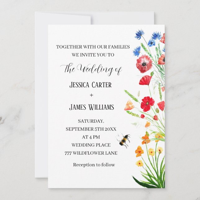 Invitación Flor silvestre Floral acuarela Boho Boda Rústico (Anverso)