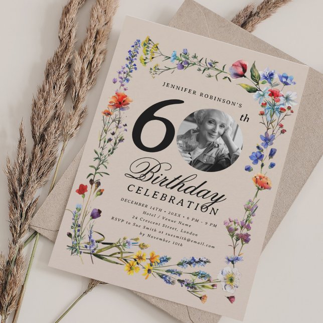 Invitación Flor silvestre Foto 60th Birthday Party Champagne (Wildflower Photo 60th Birthday Party Champagne Invitation)
