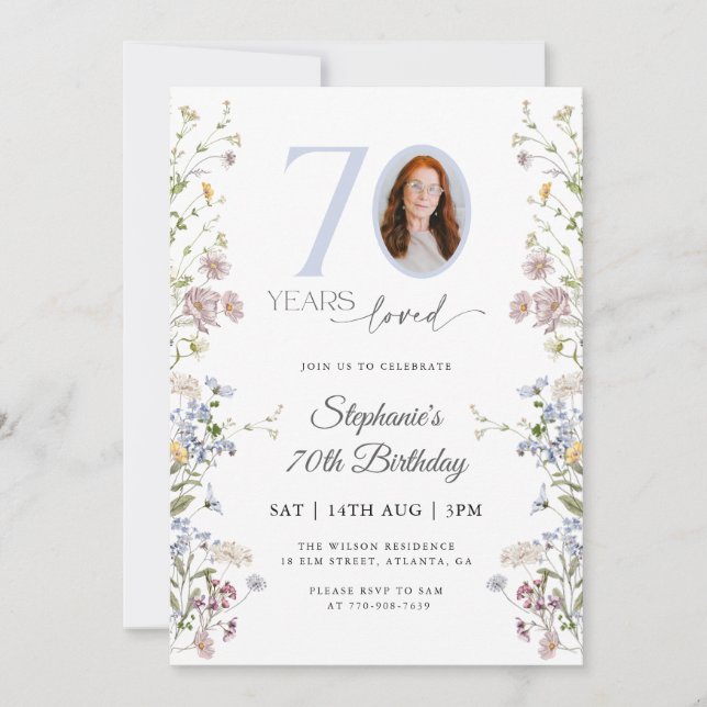 Invitación Flor silvestre Foto 70 cumpleaños (Anverso)