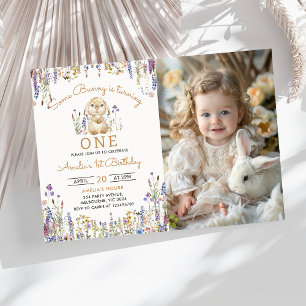 Invitación Flor silvestre, foto de cumpleaños de un conejito