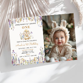 Invitación Flor silvestre, foto de cumpleaños de un conejito 