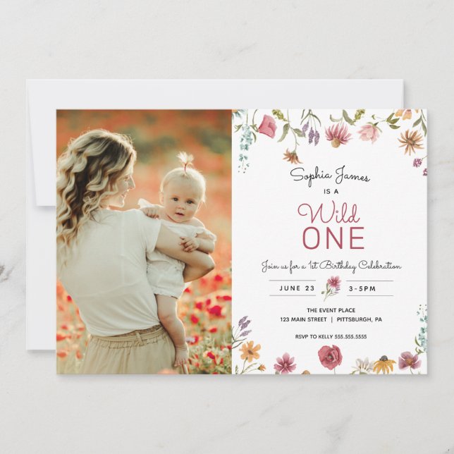 Invitación Flor silvestre, foto de primer cumpleaños (Anverso)
