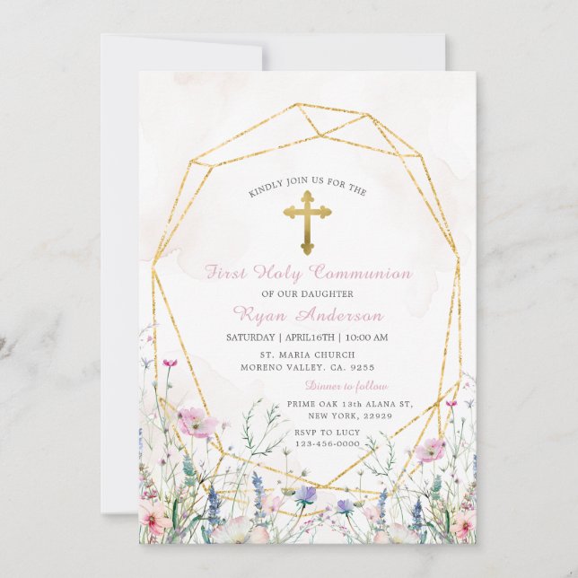 Invitación Flor silvestre geométrica primera comunión sagrada (Anverso)