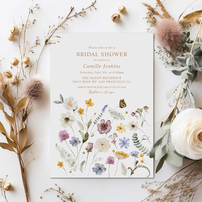 Invitación Flor silvestre mariposa ducha de novia (Boho Wildflower Butterfly Bridal Shower Invitation)