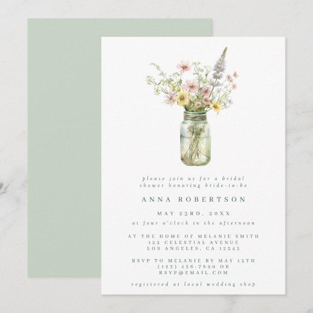 Invitación Flor silvestre Mason Jar Bridal Shower (Anverso / Reverso)