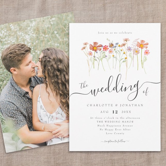 Invitación Flor silvestre Meadow Boho Whimsical Script Photo (Wildflower meadow photo wedding invitation Whimsical elegant script watercolor florals fall colors)