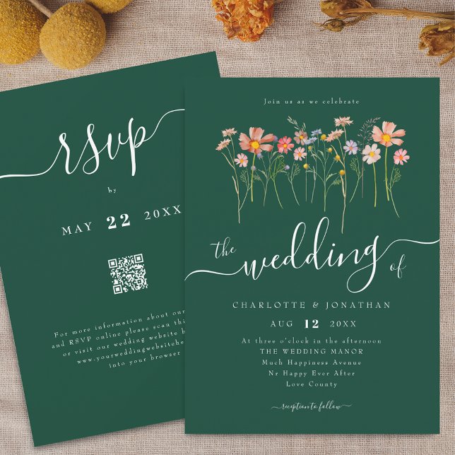 Invitación Flor silvestre Meadow Elegante Guión Código QR ver (Wildflower meadow boho floral green Wedding qr code invitation Elegant script watercolor fall colors)