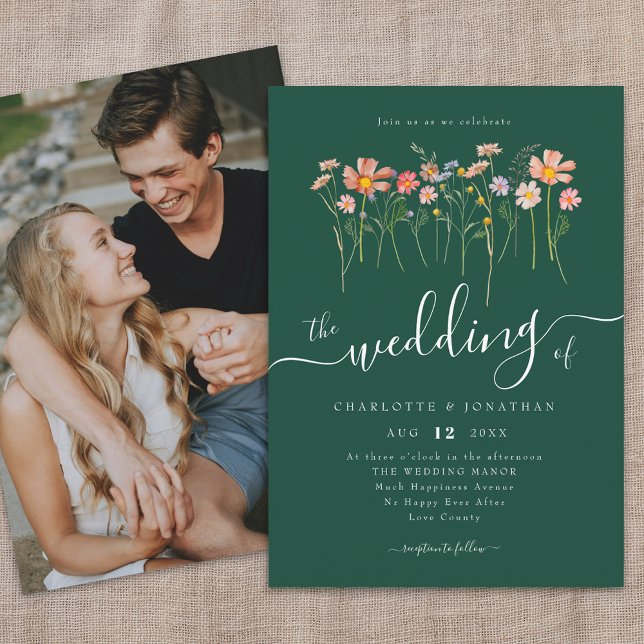 Invitación Flor silvestre Meadow Elegante Guión Foto Verde os (Wildflower meadow fall florals photo dark green wedding invitation Whimsical boho script watercolor)
