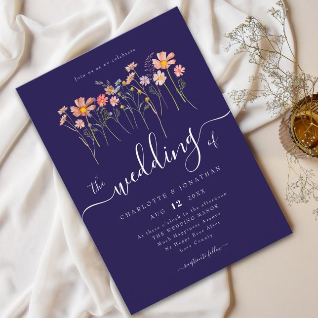 Invitación Flor silvestre Meadow Elegante Script Marina Azul  (Wildflower meadow rustic boho floral navy blue blush pink wedding white elegant modern script)