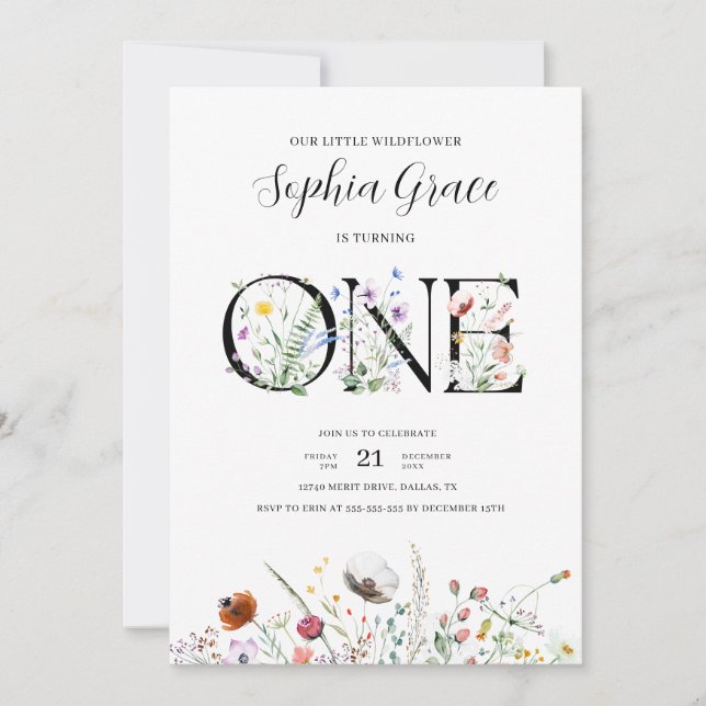 Invitación Flor silvestre moderna mínima Primer cumpleaños (Anverso)