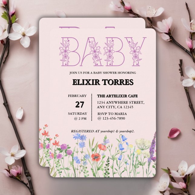 Invitación Flor silvestre morado bebé floral monograma Baby S (Subido por el creador)
