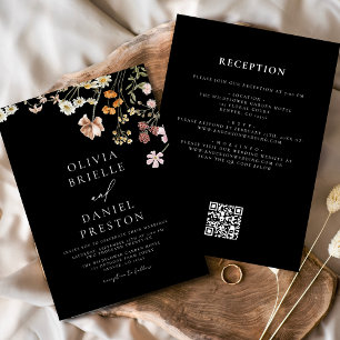 Invitación Flor silvestre negra todo en un Boda de código QR