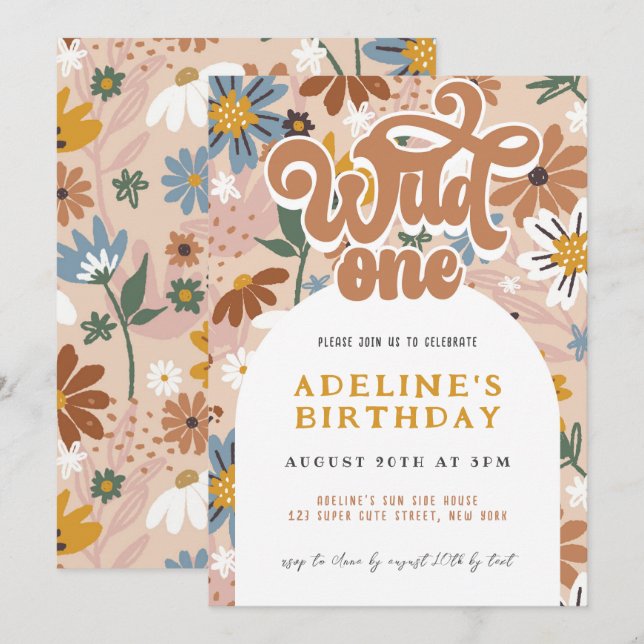 Invitación Flor silvestre One Boho Flor silvestre 1 cumpleaño (Anverso / Reverso)