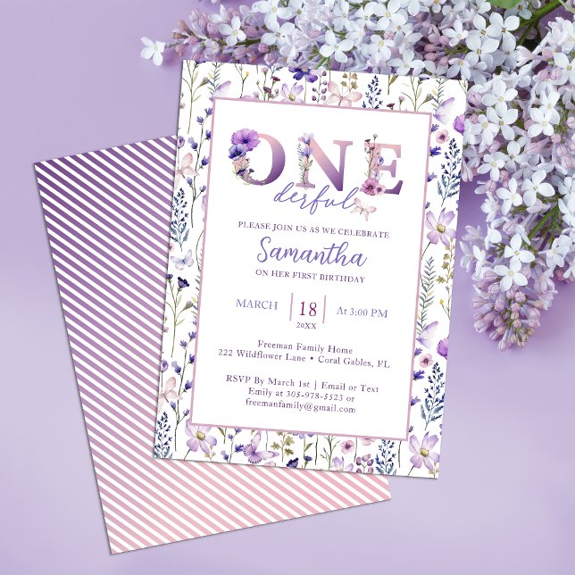 Invitación Flor silvestre ONEMaravilloso Chica Primer Invitad (Wildflower 1st birthday Invite)