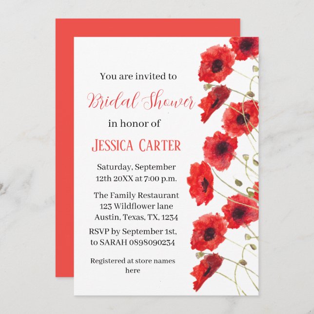Invitación Flor silvestre Poppy Red Floral Bridal Shower (Anverso / Reverso)