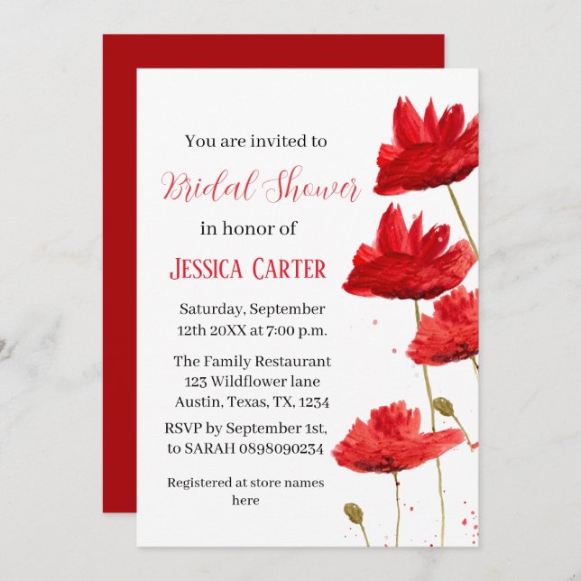 Invitación Flor silvestre Poppy Red Floral Bridal Shower (Anverso / Reverso)