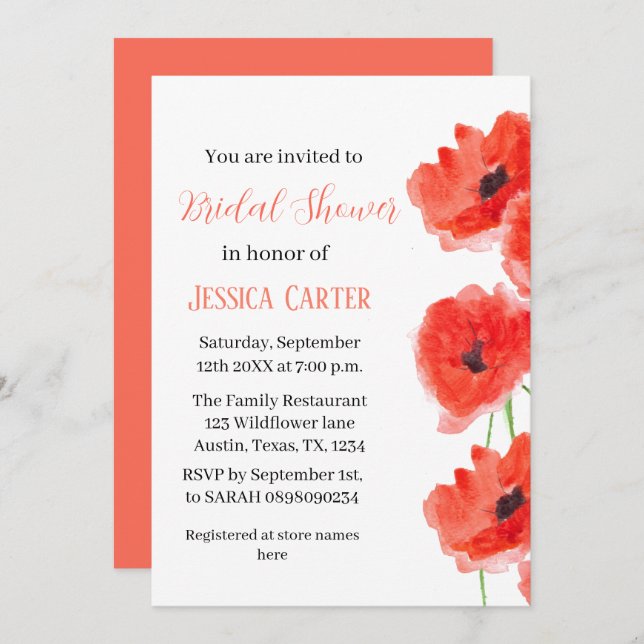 Invitación Flor silvestre Poppy Red Floral Bridal Shower (Anverso / Reverso)