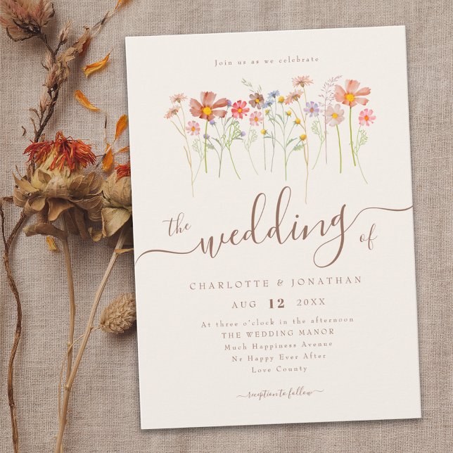 Invitación Flor silvestre pradera Boho Script Beige Terracott (Wildflower meadow fall wedding invitation whimsical elegant modern script watercolor florals)