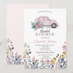 Invitación Flor silvestre pradera de auto rosa ducha de novia