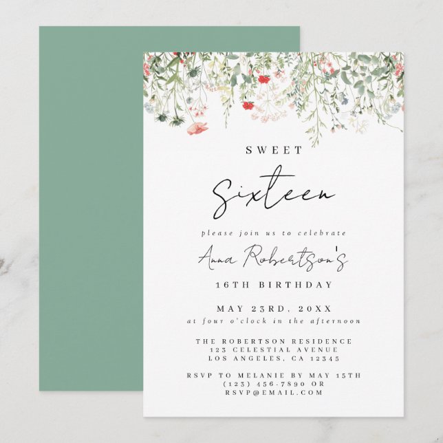 Invitación Flor silvestre pradera dulce 16 cumpleaños (Anverso / Reverso)