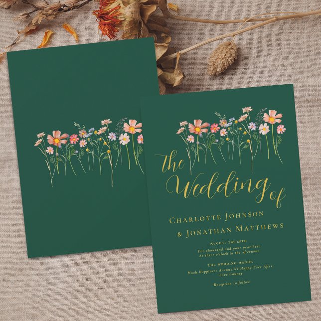 Invitación Flor silvestre pradera elegante guión oscuro verde (Wildflower boho fall floral dark green & gold fall Wedding invitation Elegant script watercolor)