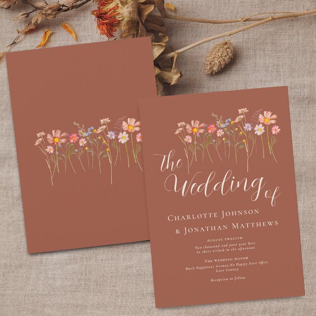 Invitación Flor silvestre pradera elegante guión Terracotta B (Wildflower meadow boho floral terracotta fall colors wedding invitation elegant script watercolor)