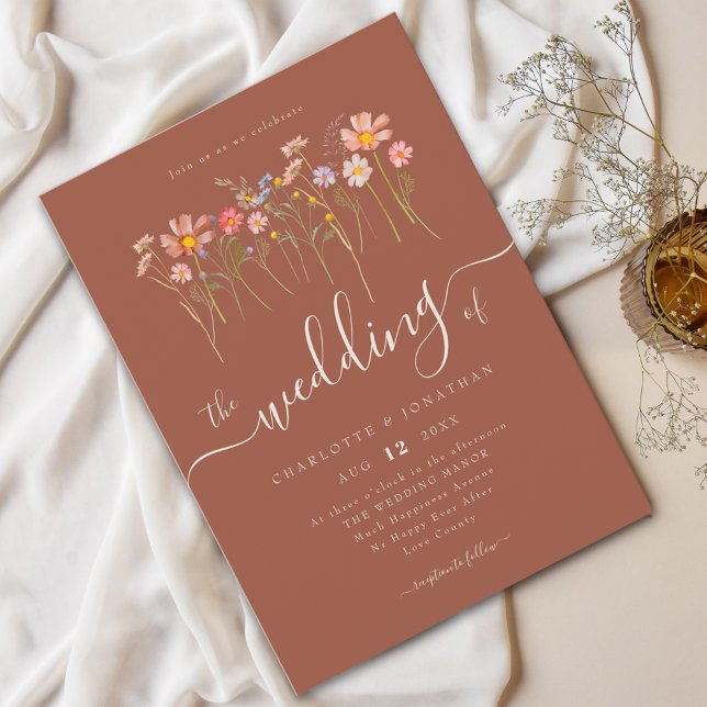 Invitación Flor silvestre pradera estilo moderno Terracotta & (Wildflower meadow boho floral terracotta & beige Wedding Elegant modern script watercolor fall color)