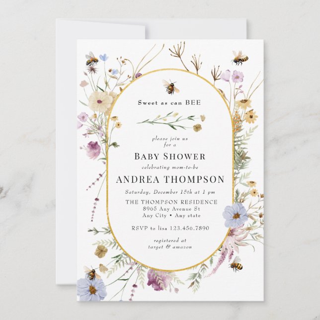 Invitación Flor silvestre primavera | Bee Baby Shower (Anverso)