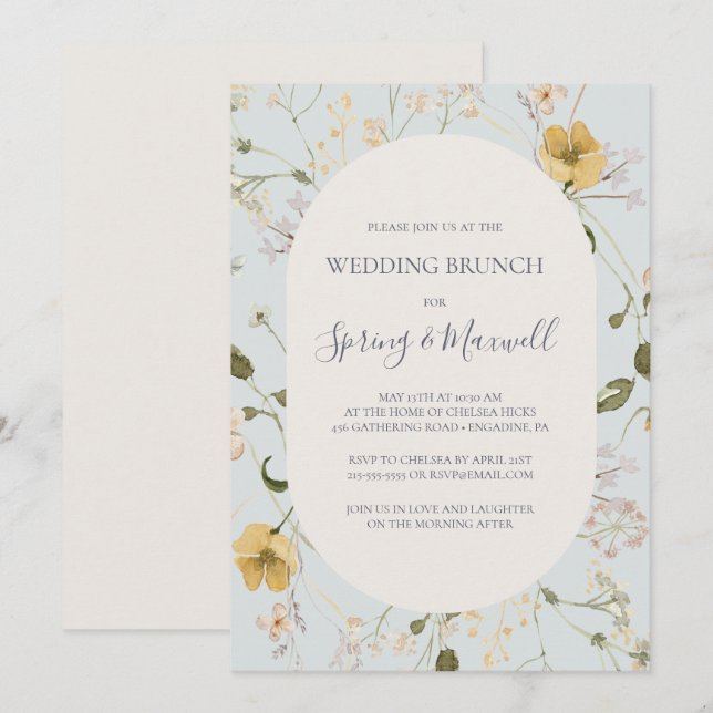 Invitación Flor silvestre primavera | Brunch Boda azul claro (Anverso / Reverso)
