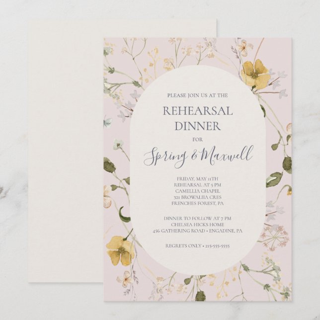 Invitación Flor silvestre primavera | Cena de ensayo de Rubor (Anverso / Reverso)