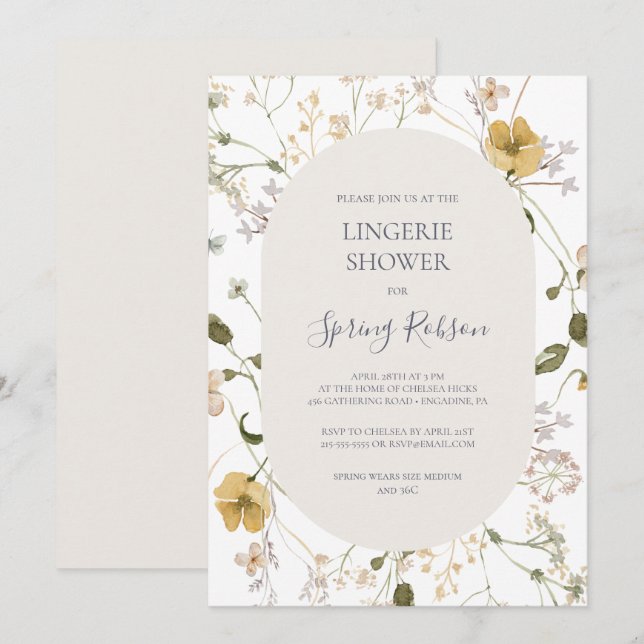 Invitación Flor silvestre primavera | Ducha Blanca Lingerie (Anverso / Reverso)