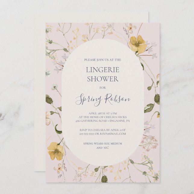 Invitación Flor silvestre primavera | Rubor Lingerie Shower (Anverso / Reverso)