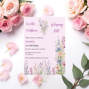 Invitación Flor silvestre primer chica púrpura rosa de cumple